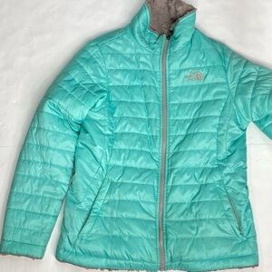 Girls (18) XL the north face reversible Fleece puffer, teal gray jacket